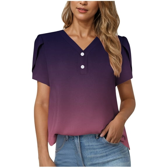 CENGNIAN No Boundaries Women's Gradient V-Neck Tops With Button,Womens Casual Loose Fit Summer Tee,Dressy Trendy Tunic Blouse For Ladies,Hot Pink,Size S