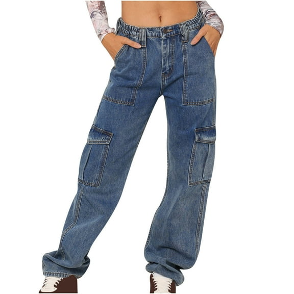 CENGNIAN No Boundaries Women's High Waisted Stretchy Cargo Jeans,Wide Leg Baggy Denim Pants For Women,Girls Y2K Trendy Streetwear Trousers with 2 Flap Pockets,Gray,Size L