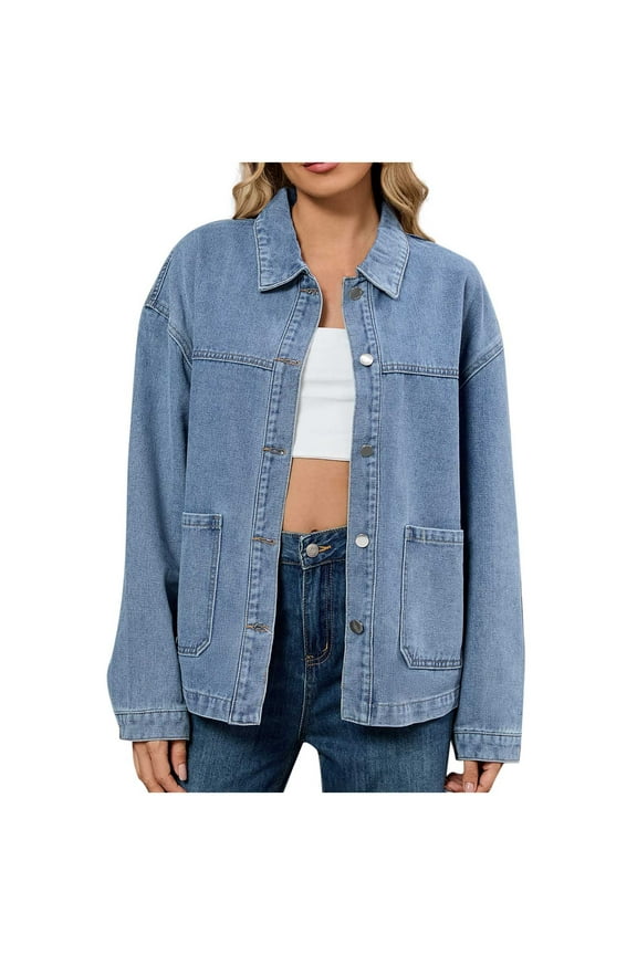 Women's Light Wash Shacket Denim Topcoat,Ladies Trendy Oversized Jackets,Womens Long Sleeve Button Down Denim Coats With Pockets,Navy,Size M
