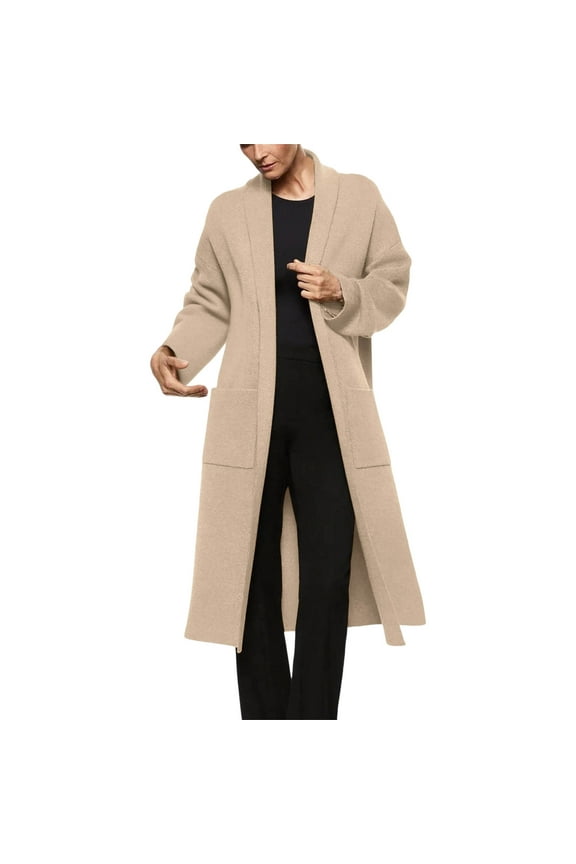 Women's Long Open-Front Cardigan,Ladies Pocketed Oversized Knit Duster Coat,Fall And Winter Business Casual Outerwear For Women,Khaki,Size M