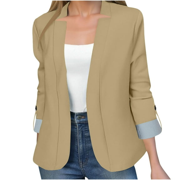 CENGNIAN No Boundaries Women's Oversized Open Front Blazers,Lightweight Long Sleeve Cardigans For Women,Ladies Business Office Jackets with Cuff Button,Khaki,Size M