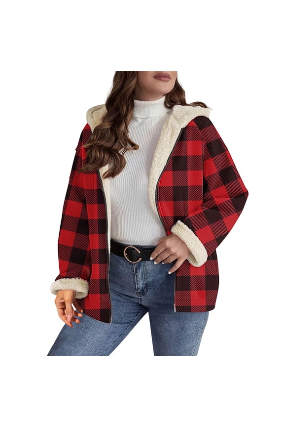 Women's Plaid Sherpa Lined Hooded Cardigans,Ladies Thick Zipper Up Jacket Shackets,Warm Flannel Plaid Sweatshirt Coats For Women,Red,Size L