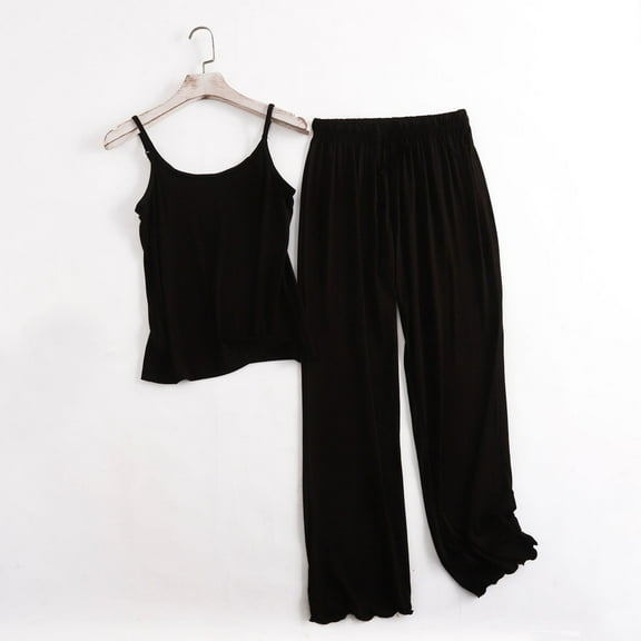 CENGNIAN Women's Plus Size Camisole Pajama Sets,Ladies Breathable Stretch Tank Tops and Pants,Elastic Waist Lounge Sleepwears For Women,Black,XL