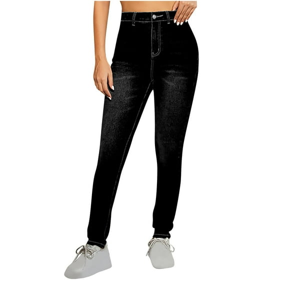 CENGNIAN Women's Plus Skinny High Waisted Jean Jeggings,Ladies Washed Stretchy Denim Pants,Y2k Butt Lift Leggings For Ladies With Pockets,Black,Size L