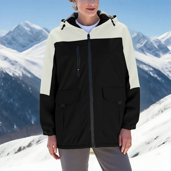 CENGNIAN Women's Plus Waterproof Hooded Ski Jackets,Zipper Insulated Windbreakers For Women,Ladies Winter Raincoats with Multiple Pockets,Beige,Size L