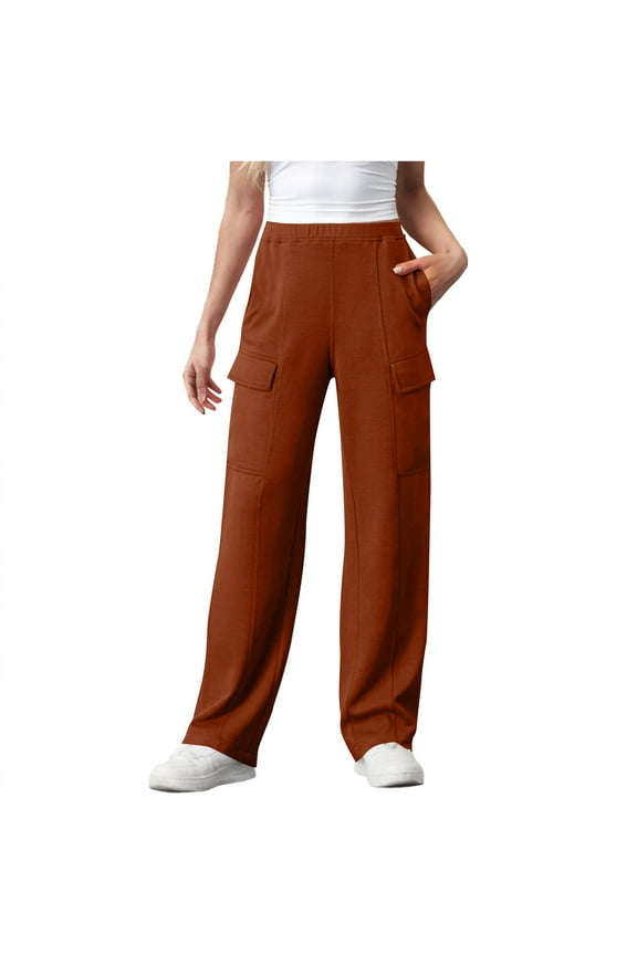 Women's Pull-on Elastic Waist Cargo Sweatpants,Girl's Baggy Wide Leg Jogger Pants,Y2K Athletic Trousers For Ladies with 2 Flap Pockets,Coffee,Size XXL