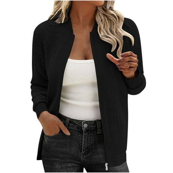 CENGNIAN Women's Quilted Warm Zip Up Cardigans,Long Sleeve Stripe Jackets For Women,Ladies Lapel Fall and Winter Outerwears With Pockets,Black,Size S