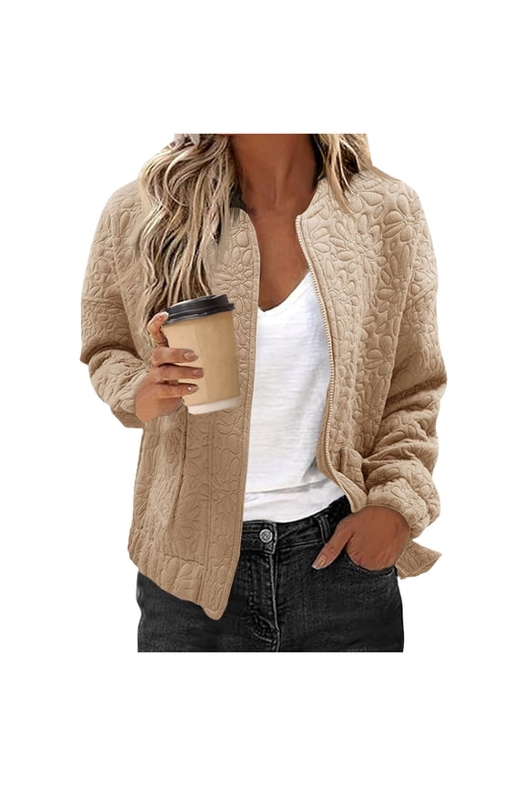 Women's Quilted Zip-Up Bomber Jackets,Ladies Lightweight Jacquard Coat,Fall Winter Collared Cropped Blazers For Women,Khaki,Size S