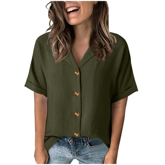 CENGNIAN No Boundaries Women's Short Sleeve Button Down Blouse,Ladies V-Neck Casual Summer Tops,Loose Collared Office Shirts For Women,Army Green,Size L