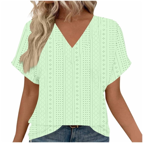 CENGNIAN No Boundaries Women's Short Sleeve Hollow Out Blouse,Womens Loose V-Neck Tops,Ladies Solid Fashion Tee For Casual Dressy Occasion,Green,Size M