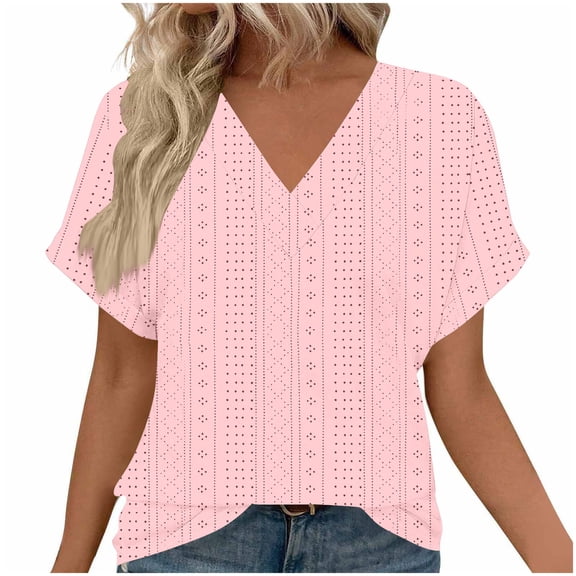CENGNIAN No Boundaries Women's Short Sleeve Hollow Out Blouse,Womens Loose V-Neck Tops,Ladies Solid Fashion Tee For Casual Dressy Occasion,Hot Pink,Size XXL