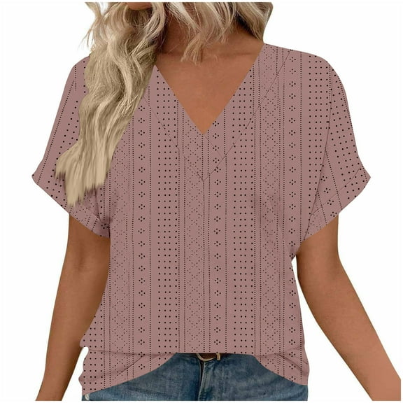 CENGNIAN No Boundaries Women's Short Sleeve Hollow Out Blouse,Womens Loose V-Neck Tops,Ladies Solid Fashion Tee For Casual Dressy Occasion,Rose Gold,Size XXL