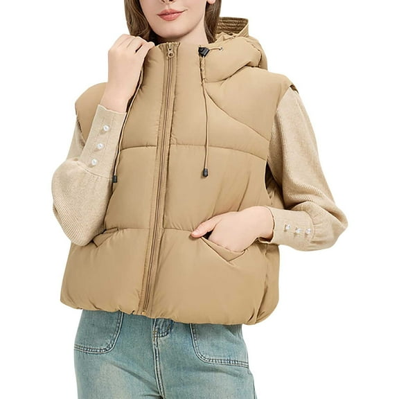 CENGNIAN No Boundaries Women's Sleeveless Winter Warm Outerwear,Womens Padded Vest Collection,Ladies Hooded/Zipped Pockets Styles Coats,Khaki,Size XXL