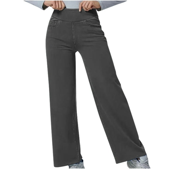 CENGNIAN No Boundaries Women's Stretchy Pull On Flare Jeans,Soft Elastic Waist Denim Pants For Women,Ladies High Waisted Breathable Trousers,Gray,Size L