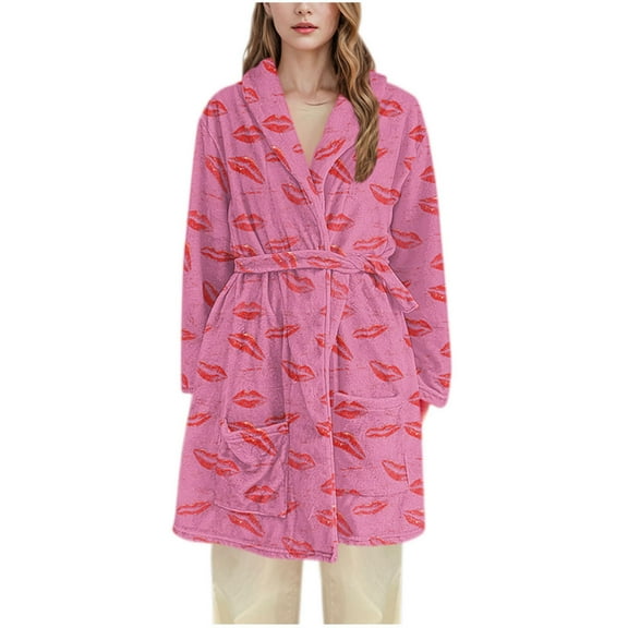 CENGNIAN Women's Warm Belted Plush Bathrobe Sleepwears,Womens V-Neck Lip Print Pajamas Robe,Ladies Winter Cozy Loungewear With Pockets,Hot Pink,XXXL