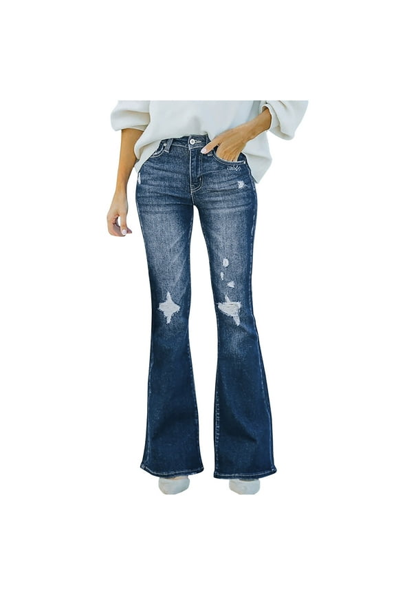 Women's Washed Ripped Flare Jeans,Womens Stretchy Bell Bottom Denim Pants,Slimming Distressed Bootcut Trousers For Ladies,Blue,Size L