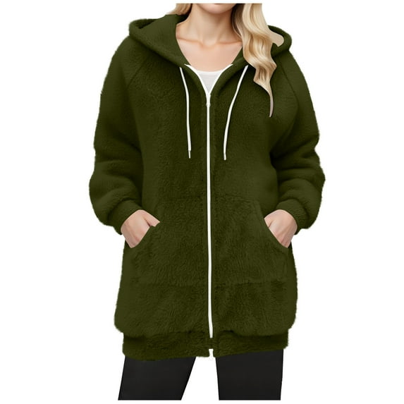CENGNIAN Women's Winter Double-Faced Fleece Coats,Ladies Warm Hooded Jackets With Pockets,Drawstring Zipper Up Cardigans For Women,Army Green,Size XXL