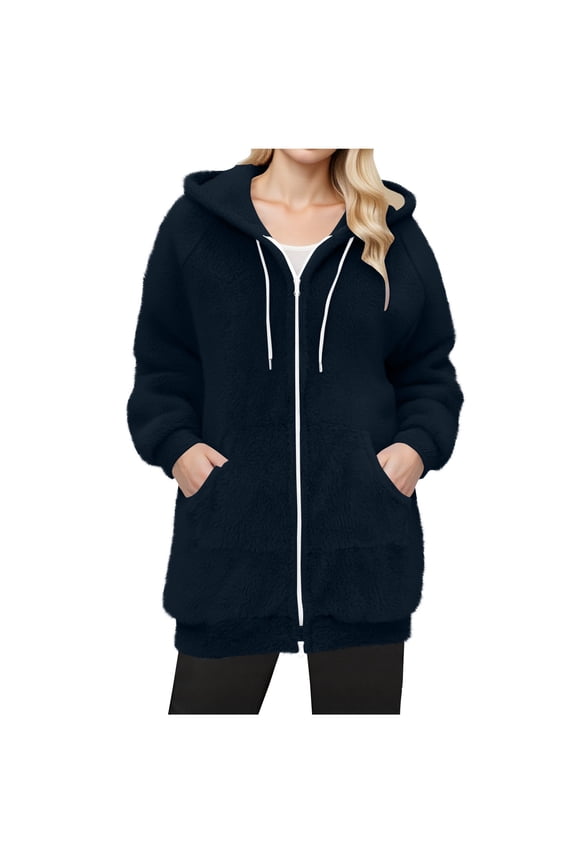 Women's Winter Double-Faced Fleece Coats,Ladies Warm Hooded Jackets With Pockets,Drawstring Zipper Up Cardigans For Women,Navy,Size XXL