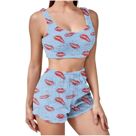 CENGNIAN Women's Winter Fuzzy 2 Piece Pajama Sets,Womens Gingham Crop Tops And Shorts,Y2K Casual Lounge Sleepwear Outfits For Ladies,Light Blue,S