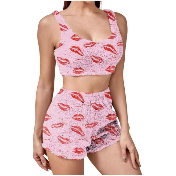 CENGNIAN Women's Winter Fuzzy 2 Piece Pajama Sets,Womens Gingham Crop Tops And Shorts,Y2K Casual Lounge Sleepwear Outfits For Ladies,Pink,XXL