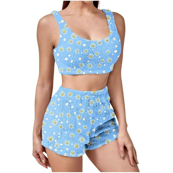 CENGNIAN No Boundaries Women's Winter Plush 2 Piece Pajama Sets,Womens Daisy Print Crop Tops And Shorts,Y2K Casual Lounge Sleepwear Outfits For Ladies,Light Blue,S
