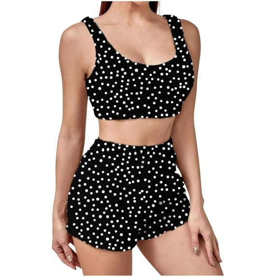 CENGNIAN Women's Winter Plush 2 Piece Pajama Sets,Womens Dots Print Crop Tops And Shorts,Y2K Casual Lounge Sleepwear Outfits For Ladies,Black,XXL