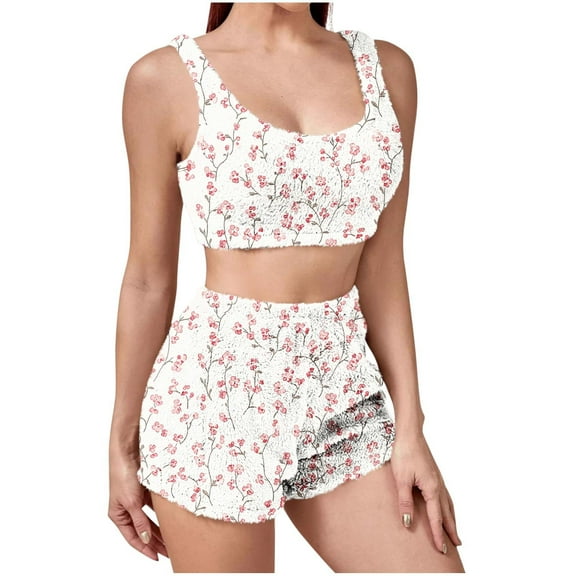 CENGNIAN No Boundaries Women's Winter Plush 2 Piece Pajama Sets,Womens Floral Print Crop Tops And Shorts,Y2K Casual Lounge Sleepwear Outfits For Ladies,White,XXL