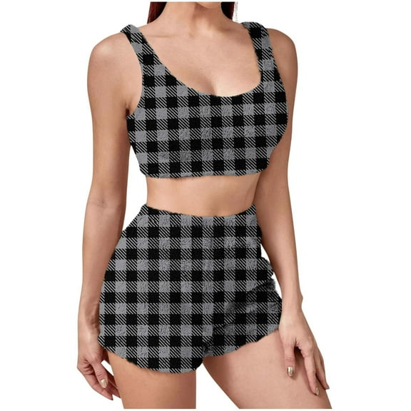 CENGNIAN No Boundaries Women's Winter Plush 2 Piece Pajama Sets,Womens Gingham Crop Tops And Shorts,Y2K Casual Lounge Sleepwear Outfits For Ladies,Dark Gray,S