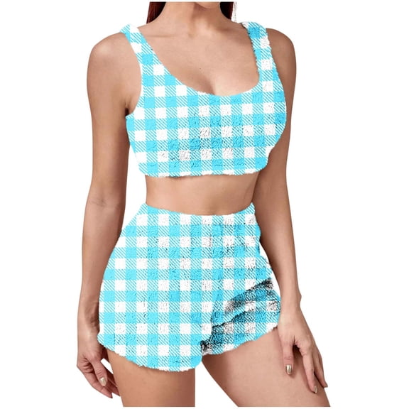 CENGNIAN No Boundaries Women's Winter Plush 2 Piece Pajama Sets,Womens Gingham Crop Tops And Shorts,Y2K Casual Lounge Sleepwear Outfits For Ladies,Light Blue,S