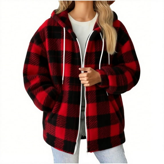 CENGNIAN Women's Winter Thick Fleece Zipper Coats,Hooded Plaid Flannel Sweatshirt For Women,Ladies Warm Drawstring Cardigans With Pockets,Red,Size XL