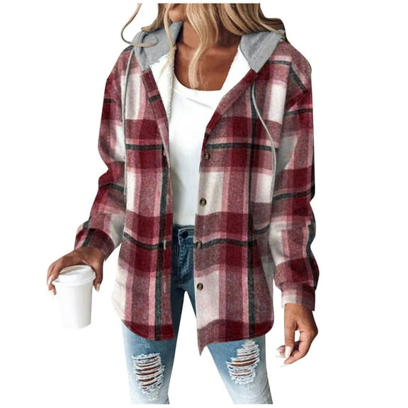 CENGNIAN No Boundaries Women's Winter Thick Hooded Shackets,Ladies Button Down Long Sleeve Jacket Coats,Flannel Plaid Sweatshirt Cardigans For Women,Wine,Size XL