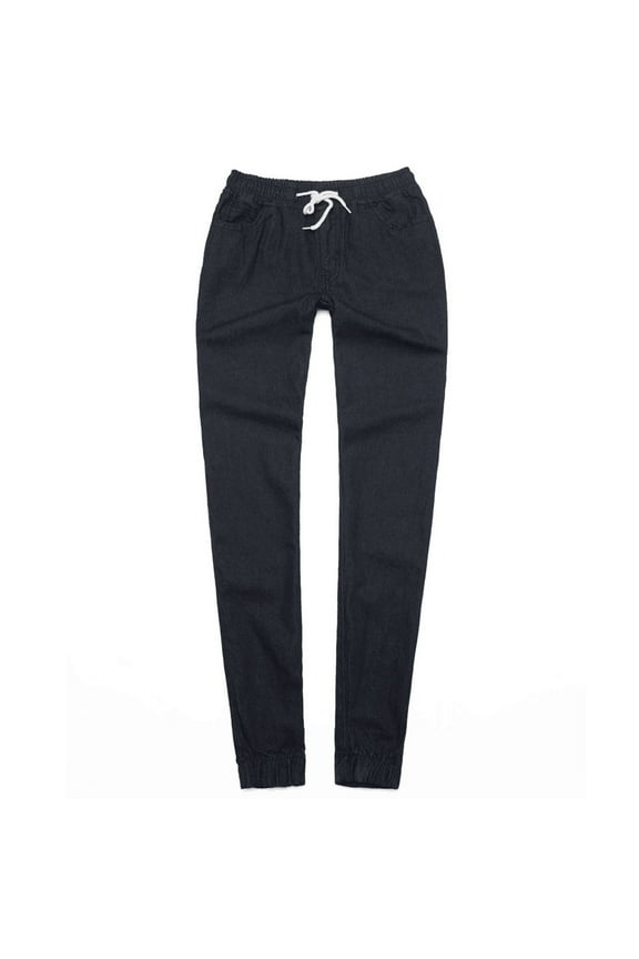 Women's and Women's Plus Drawstring Denim Joggers,Elastic Waist Stretch Jeans Pants,Pull-On Leg tied Trousers For Women,Black,Size L