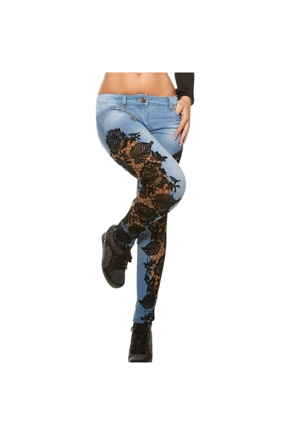 Women's and Women's Plus Side Lace Stitching Jeans Leggings,Ladies Stretchy Butt Lift Denim Pants,Slim Breathable Jeggings For Women,Black,Size S