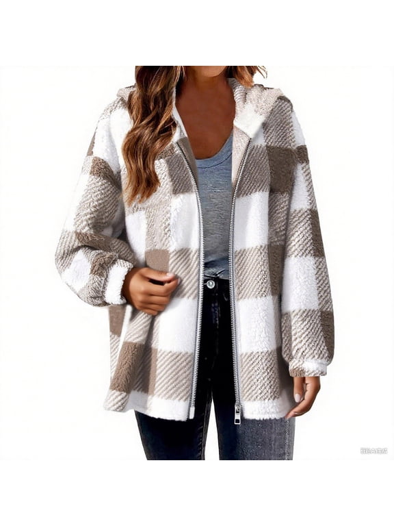 Women's and Women's Plus Zipper Coats,Plaid Flannel Sweatshirt Cardigans For Women,Ladies Fall Winter Hooded Jacket Shackets,Khaki,Size XXXXXL
