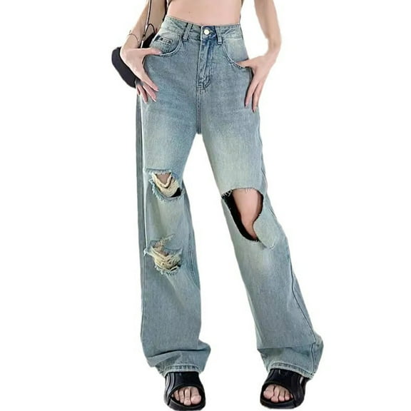 CENGNIAN Women's Y2K High Waisted Ripped Denim Pants,Baggy Washed Distressed Jeans For Women,Ladies Stretchy Wide Leg Streetwear Trousers,Light Blue,Size S
