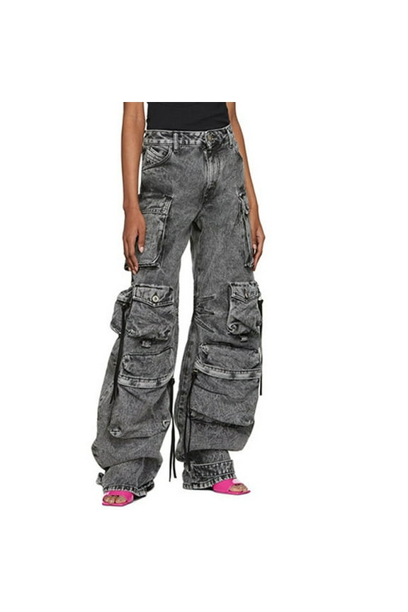 Women's Y2K High Waisted Wide Leg Cargo Jeans,Womens Drawstring Denim Pants,Ladies Breathable Streetwear Trousers with Multiple Pockets,Gray,L