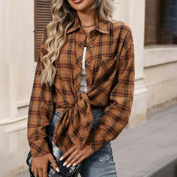 CENGNIAN Women's Y2k Oversized Plaid Shackets,Roll Up Button Down Shirts Tops For Women,Ladies Fall Collared Blouses with Pocket,Multicolor,Size L