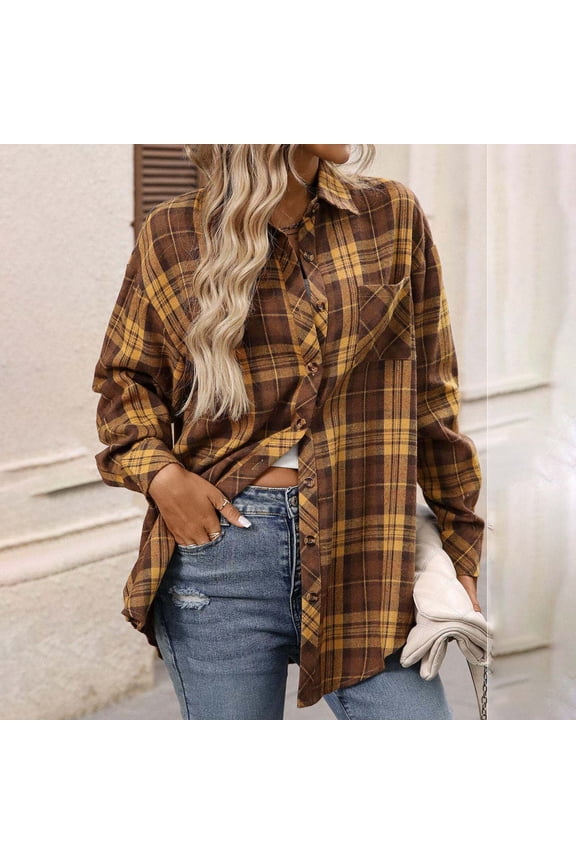 No Boundaries Women's Y2k Oversized Plaid Shackets,Roll Up Button Down Shirts Tops For Women,Ladies Fall Collared Blouses with Pocket,Multicolor,Size XL