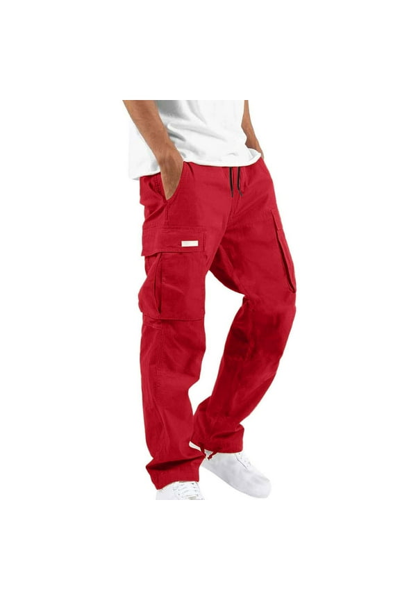 Casual Jogger Multi Pockets Mens Cargo Pants Outdoor Hiking Work Sweatpants Quick Dry Hiking Pants Large size men's pants Red,Size 3XL