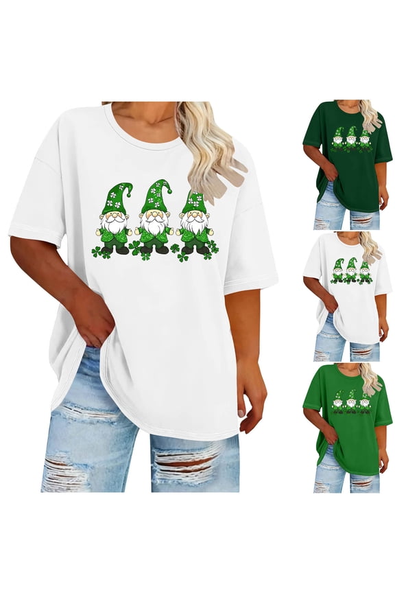 Cute Gnomes T-Shirt Shamrock Printed Shirts Short Sleeve Graphic Tees Tops St. Patricks Day Shirt for Womens Green,Size XL