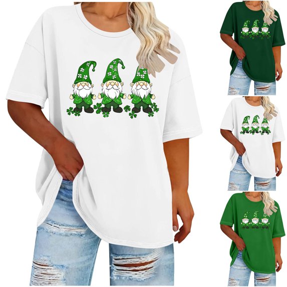 CENGNIAN Cute Gnomes T-Shirt Shamrock Printed Shirts Short Sleeve Graphic Tees Tops St. Patricks Day Shirt for Womens White,Size 4XL