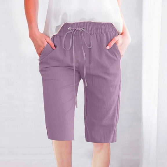CENGNIAN Fashion Womens Casual Solid Color Waist Elastic Loose Straight Wide Leg Half Shorts Pants With Pocket Valentine's Day Purple,Size 2XL
