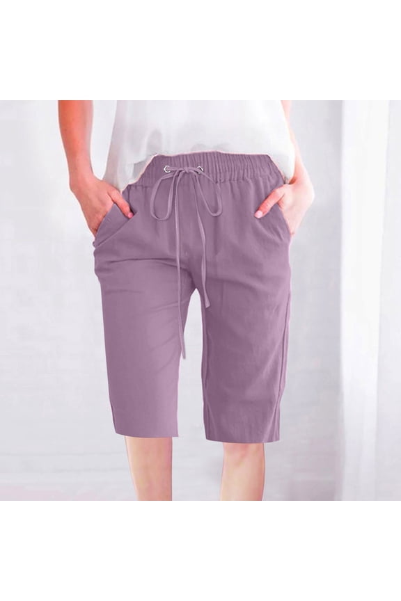 Fashion Womens Casual Solid Color Waist Elastic Loose Straight Wide Leg Half Shorts Pants With Pocket Valentine's Day Purple,Size M