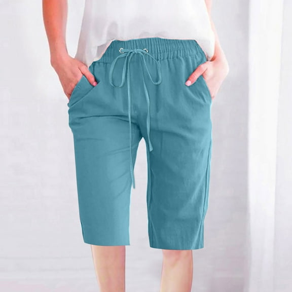 CENGNIAN Fashion Womens Casual Solid Color Waist Elastic Loose Straight Wide Leg Half Shorts Pants With Pocket Valentine's Day Sky Blue,Size 2XL