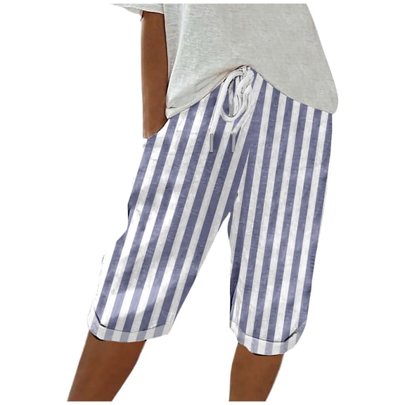 CENGNIAN Fashion Womens Casual Stripe Elastic Loose Shorts Straight Wide Leg Trousers With Pocket Half Shorts Blue,Size M