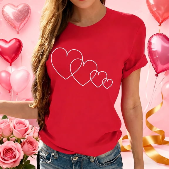 CENGNIAN Funny Cute Valentine's Day Gift Tops Plus Size Women Valentine Shirt Love Heart Graphic Short Sleeve Tee Shirt Red##,Size 2XL