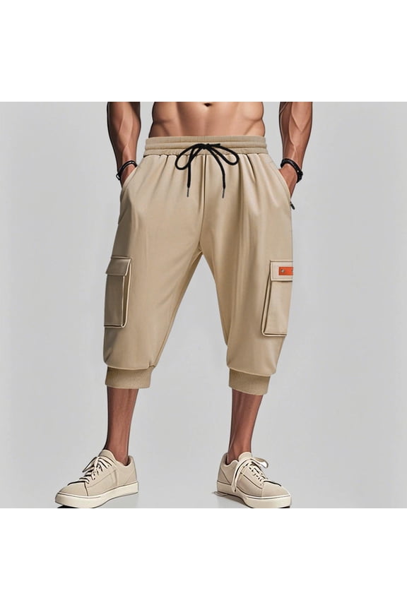 Men's 3/4 Capri Pants Slim Fit Lightweight Yoga Running Workout Active Pants Casual Wear Khaki**,Size XXL