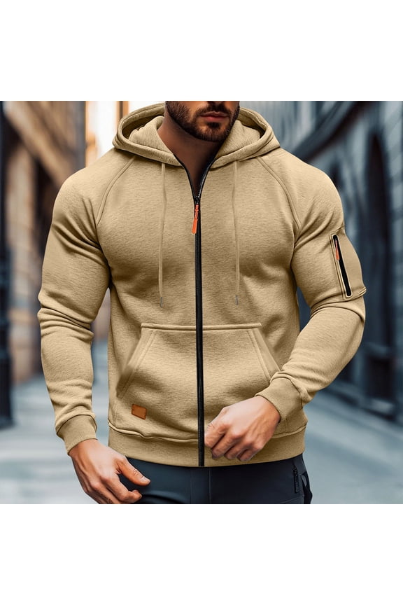 Mens Cargo Hooded Sweatshirt Winter Full Zip Jackets Long Sleeve Outerwear with Multi Pockets