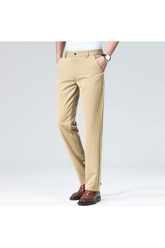 Mens Solid Color Dress Pants Slim Fit Stretch Chinos with Hidden Elastic Waistband Wrinkle Free Khaki,Size S