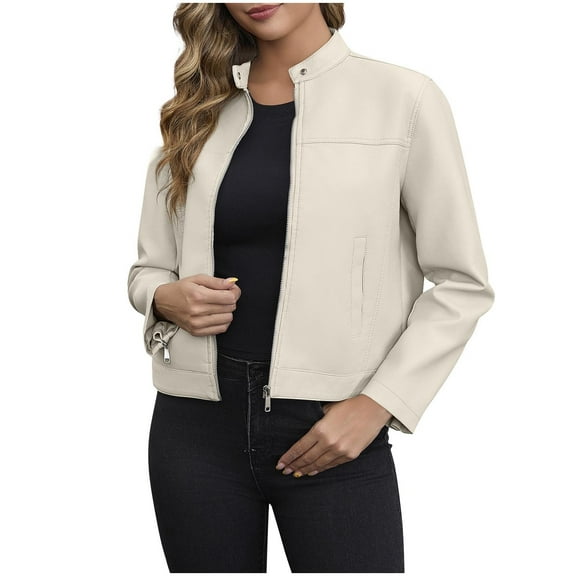 CENGNIAN No Boundarie Women's Zip Leather Stand Up Collar Jackets,Womens Solid Color Pocket Short Top,Moto Biker Outwear Coat For Wome,*Beige,Size L